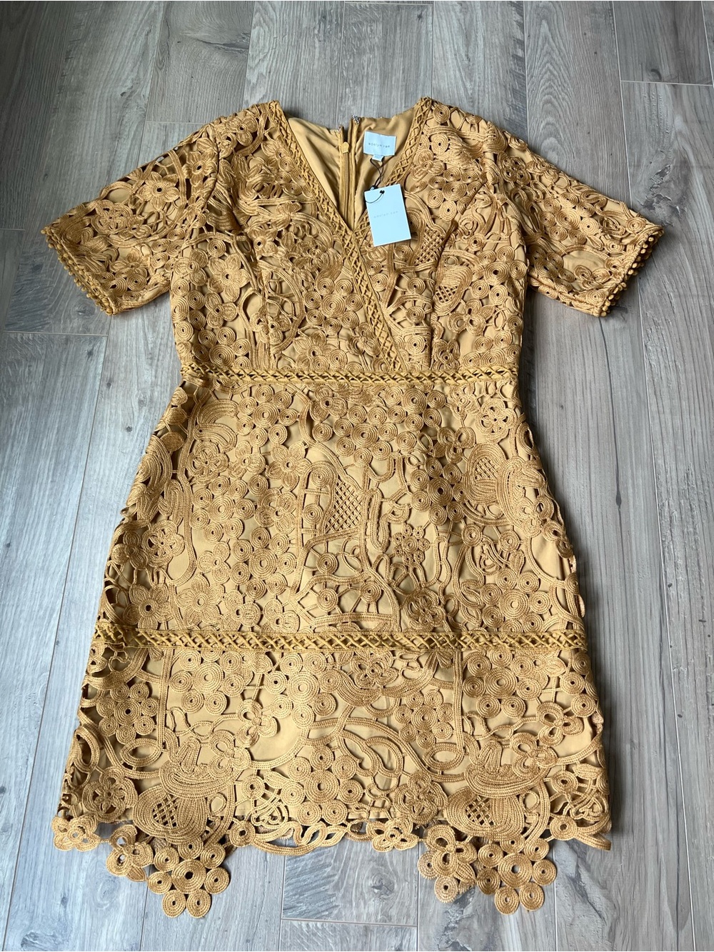 Adelyn Rae Lace V-neck Short Sleeve Large Sheath Mini Dress: Color- Mustard